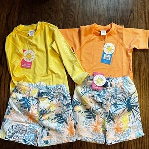 Rugged Butts 3T swim trunks and yellow long sleeve rash guard.